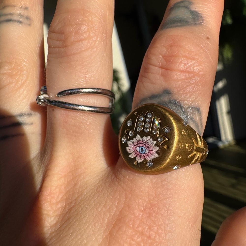 Hand painted Gold plated pink floral hand with evil eye micro pave cz ring